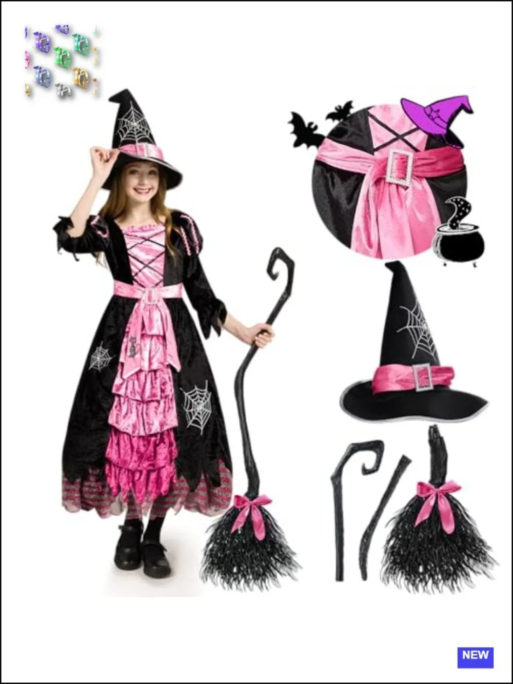 Girls Fairytale Witch Costume Deluxe Set with Broom, Polyester, Halloween Dress